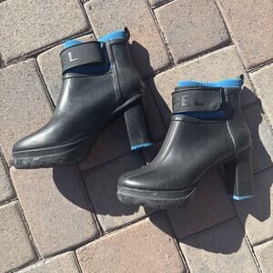 Sorel Medina III Black Blue High Chunky Heel Platform Rain Boots Women's Size 12